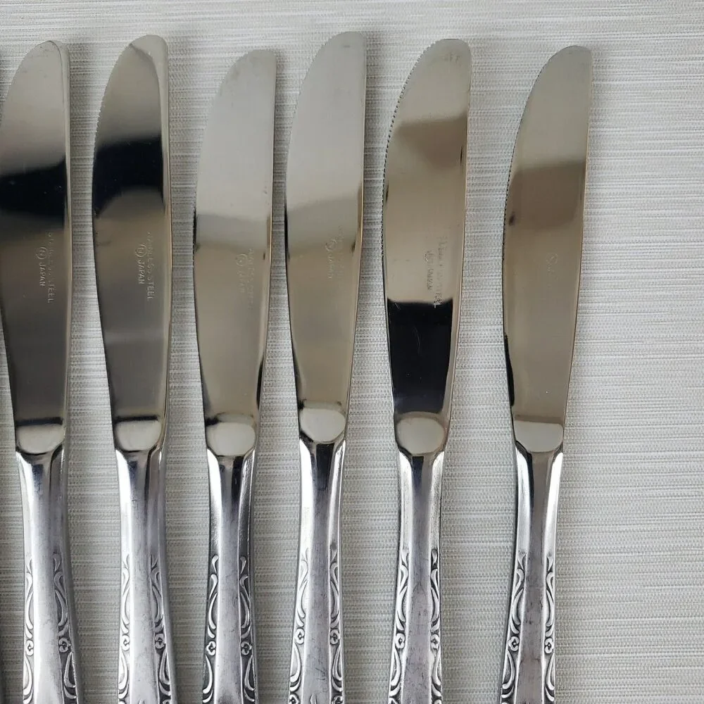 Vintage Single Rose Stainless Steel Butter Knives 8 Pcs Silverware Japan MCM